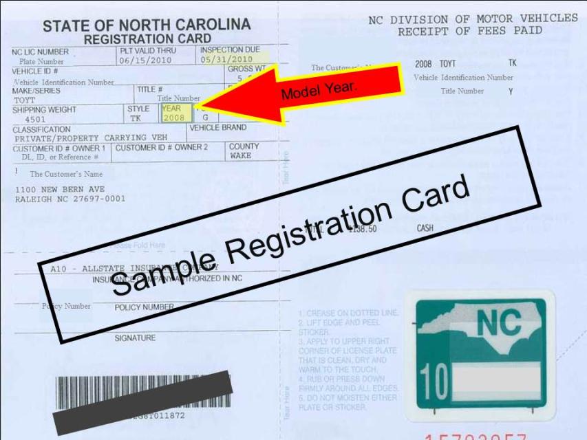 Sample NC vehicle registration card showing where to find Model Year