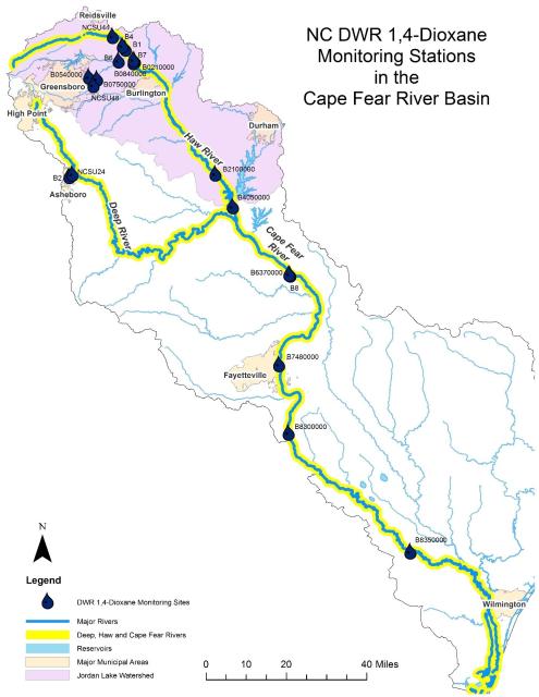 1-4 Dioxane Study map for the cape fear river basin