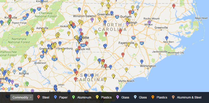 Maps of NC manufacturers the consume recycled feedstock in their manufacturing process