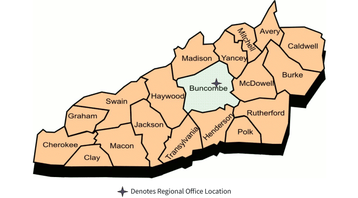 A map of the DEQ Asheville Region, showing Buncombe County in the jurisdiction of a local air program.