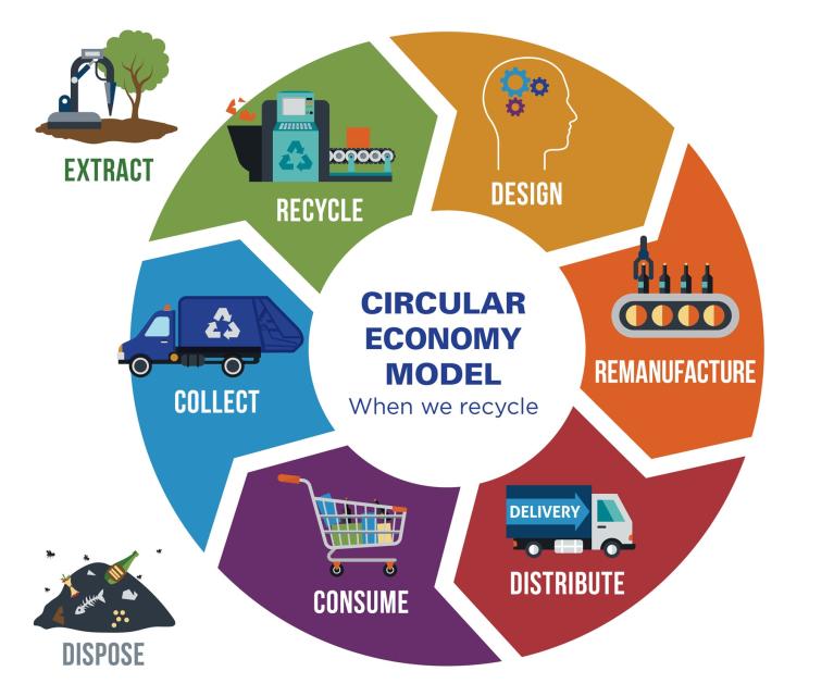 Circular economy model with arrows moving in a circular direction through design, remanufacturing, distribution, consumption, collection, and recycling back into design.