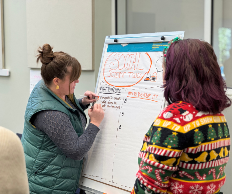 Two people standing in front of a large notepad that reads "Social Science Tools"