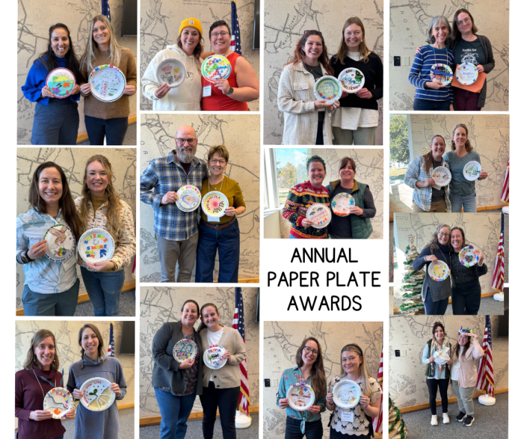 Collage of pairs holding paper plate awards