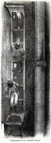 Miners descending by a slippery ladder in a deep shaft at Gold Hill, 1857