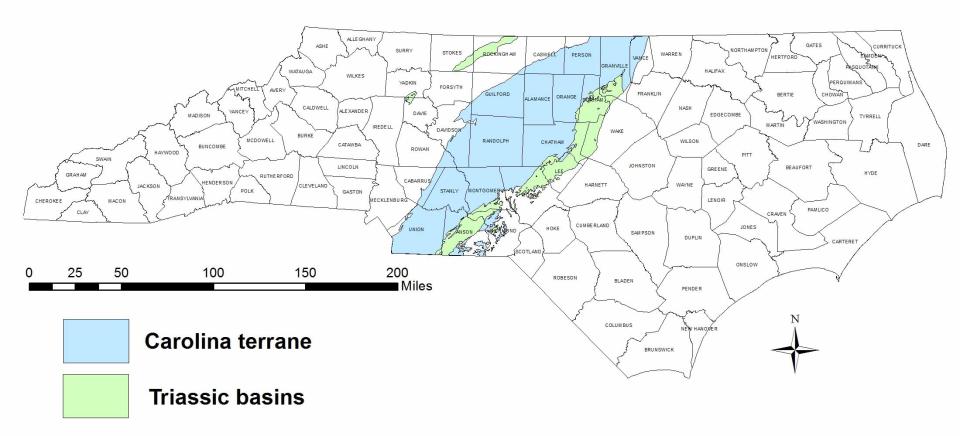 Map showing the location of the Carolina Terrane and Triassic basins in NC.