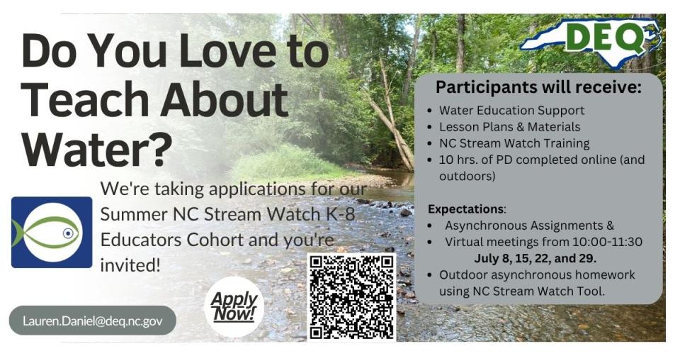 This is an image file to announce the NC Stream Watch Educator Cohort taking place through July of 2026. 