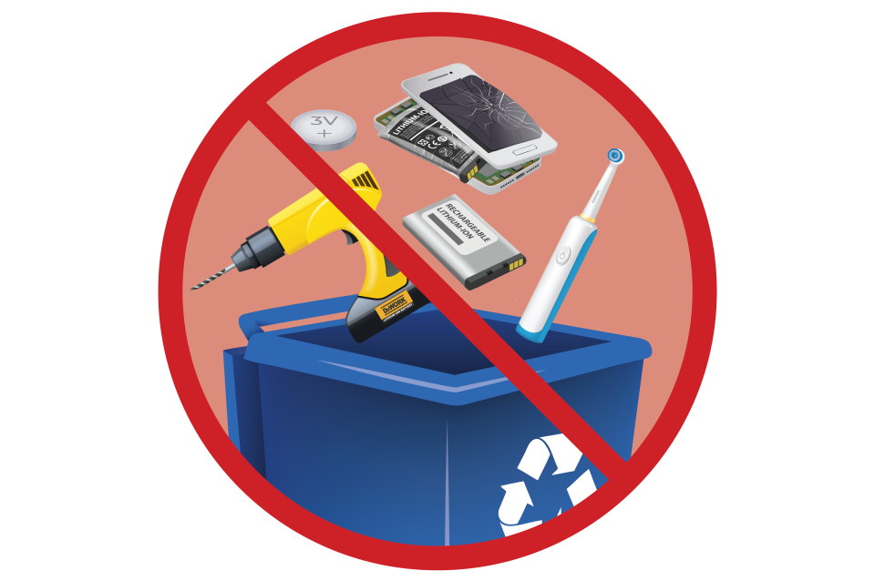 Red circle with diagonal slash through the middle laying over electronic items falling into a recycling cart. 