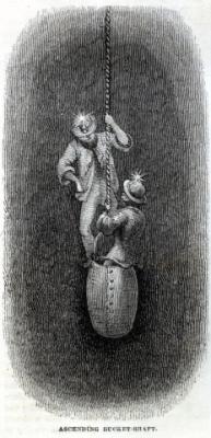 Two miners riding an iron bucket, or kibble, up a shaft at Gold Hill, 1857