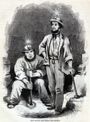 Two miners from Cornwall, England with mining hats and lamps at Gold Hill, 1857.