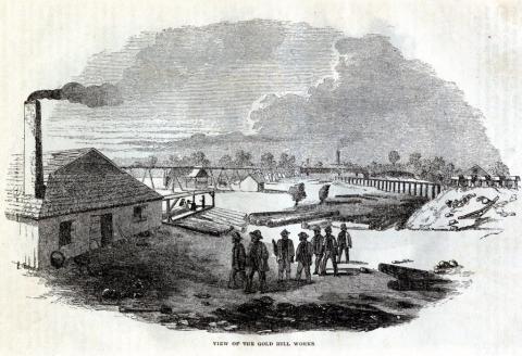 Surface structures at Gold Hill in 1857, including several millhouses, trestles for transporting water, and a stack of logs