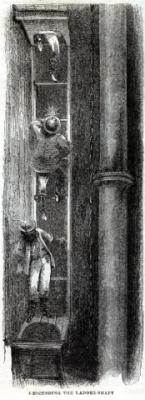 Miners descending by a slippery ladder in a deep shaft at Gold Hill, 1857