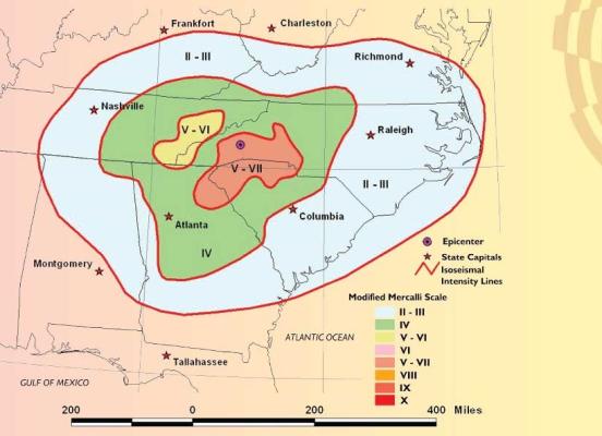 Map showing earthquake intensity from the 1916 Skyland, NC earthquake