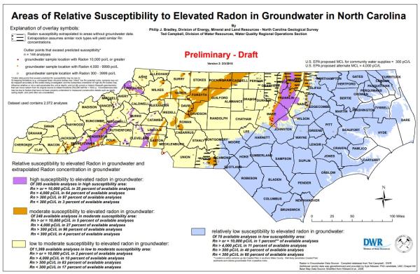 Map of North Carolina showing areas with elevated radon in groundwater potential, coded by color