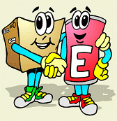 Cartoon recyclables "Box Guy" and "Can Guy" shaking hands.
