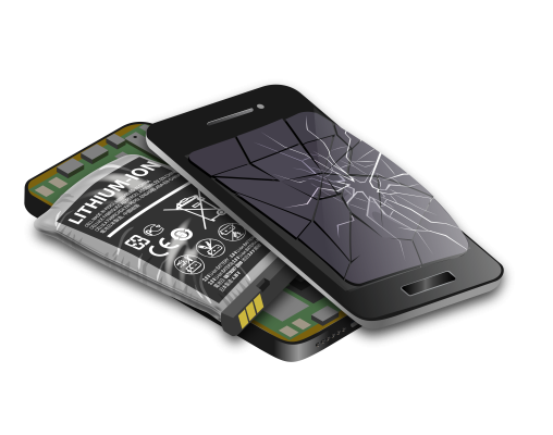 Broken cellphone with cracked screen opened to expose a lithium-ion battery.