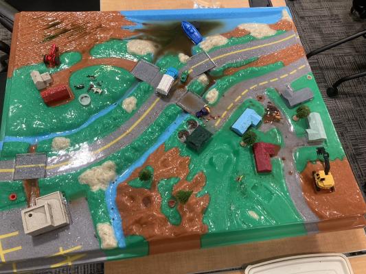 The Enviroscape watershed model. A small plastic town with model pollutants being moved by runoff into the lake. 