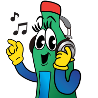 Cartoon character that is a recyclable bottle listening to music.