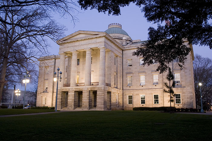 North Carolina State Capitol in Raleigh at dusk in late winter/early spring.