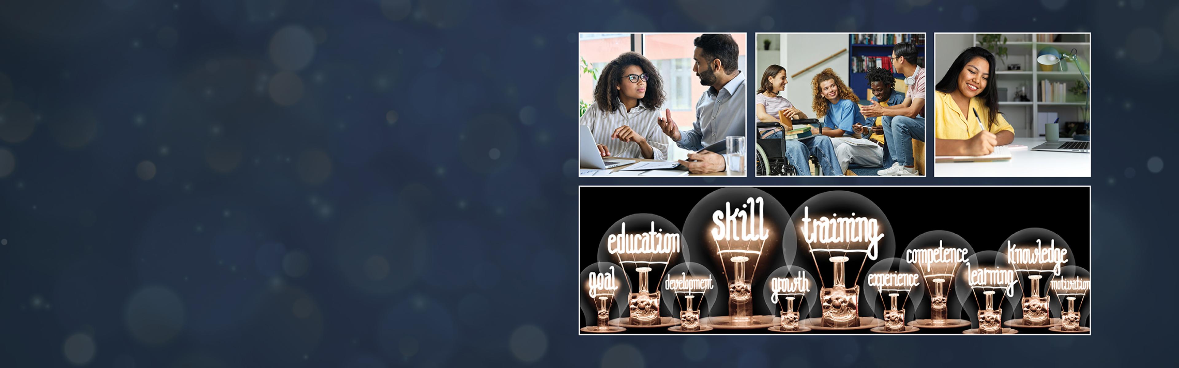 A collage of images with people working with others.