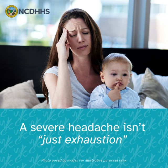 Woman with hand on forehead, holding infant