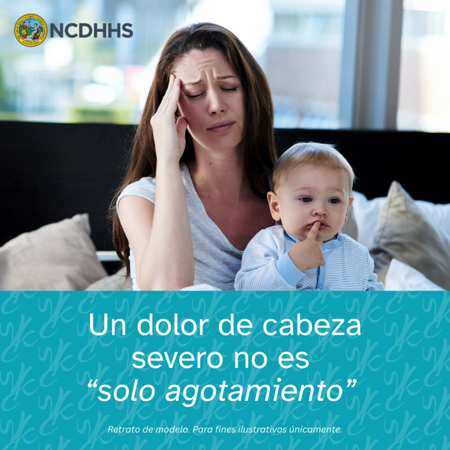 A woman with hand on forehead, holding infant