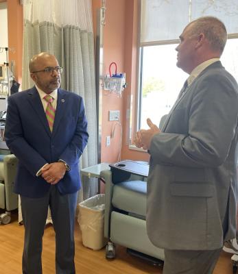 Secretary Sangvai speaks with President of Roanoke-Chowan Hospital Brian Harvill