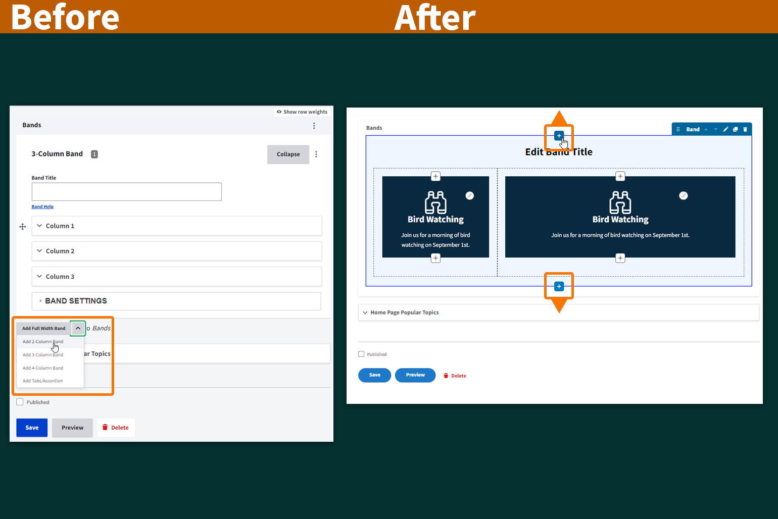 Side-by-side sceenshots show how landing page enhancements now allow content managers to add new bands above or below an existing band, rather than only below.