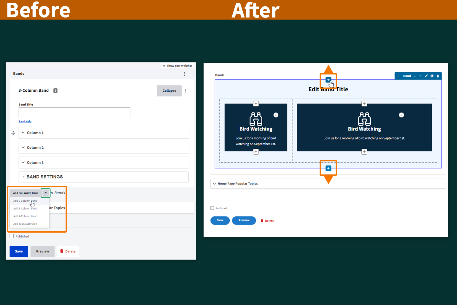 Side-by-side sceenshots show how landing page enhancements now allow content managers to add new bands above or below an existing band, rather than only below. 