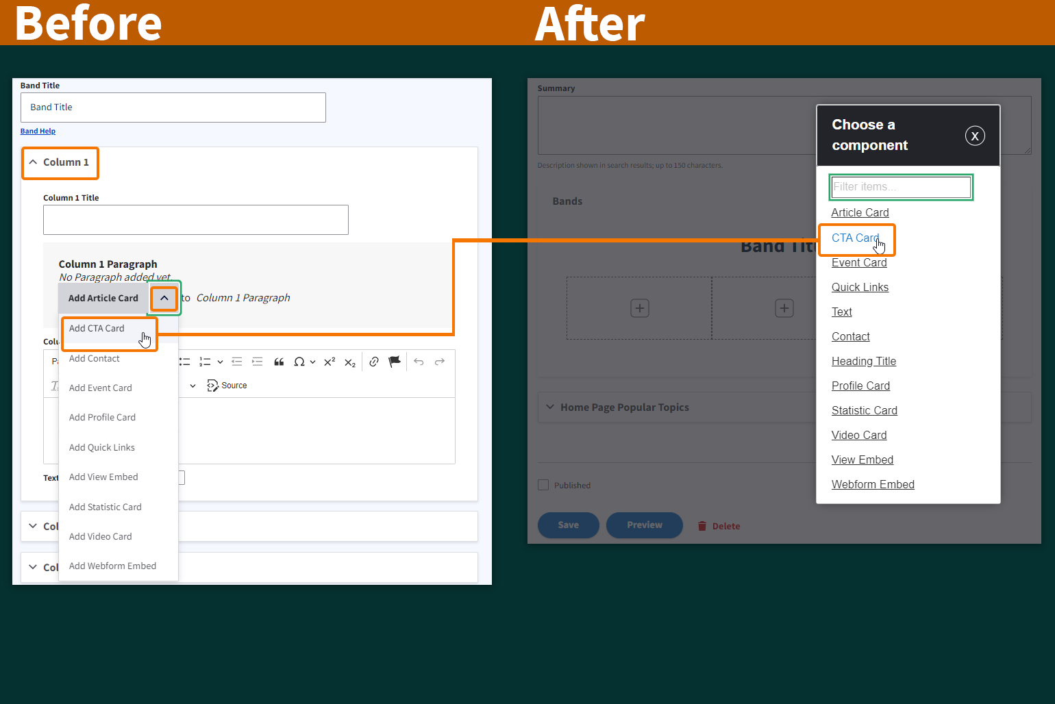 Side-by-side screenshots of the user interface adding content before and after Landing Page enhancements.