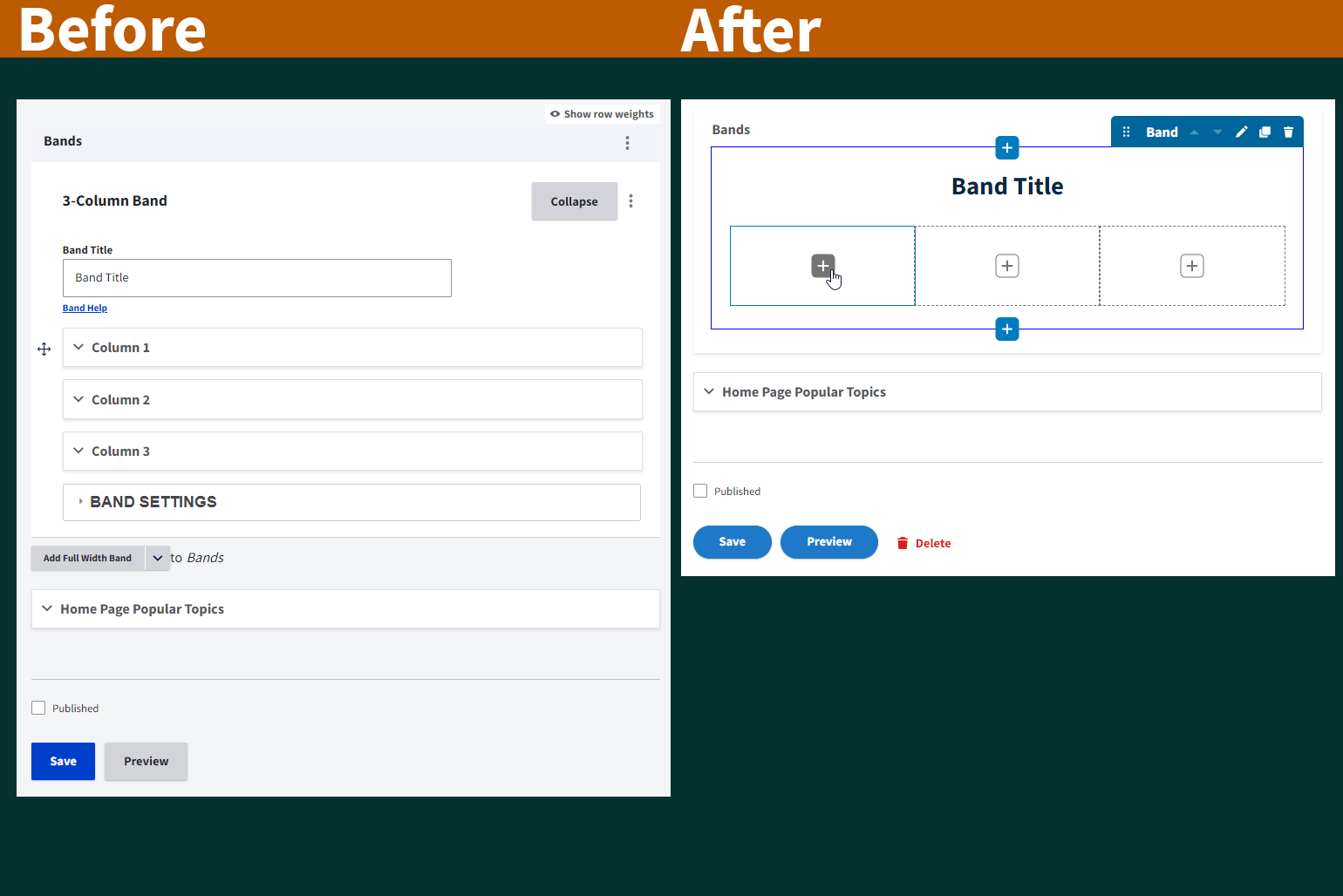 A side-by-side comparison of the screens for adding content into columns of a band before and after Landing Page enhancements.