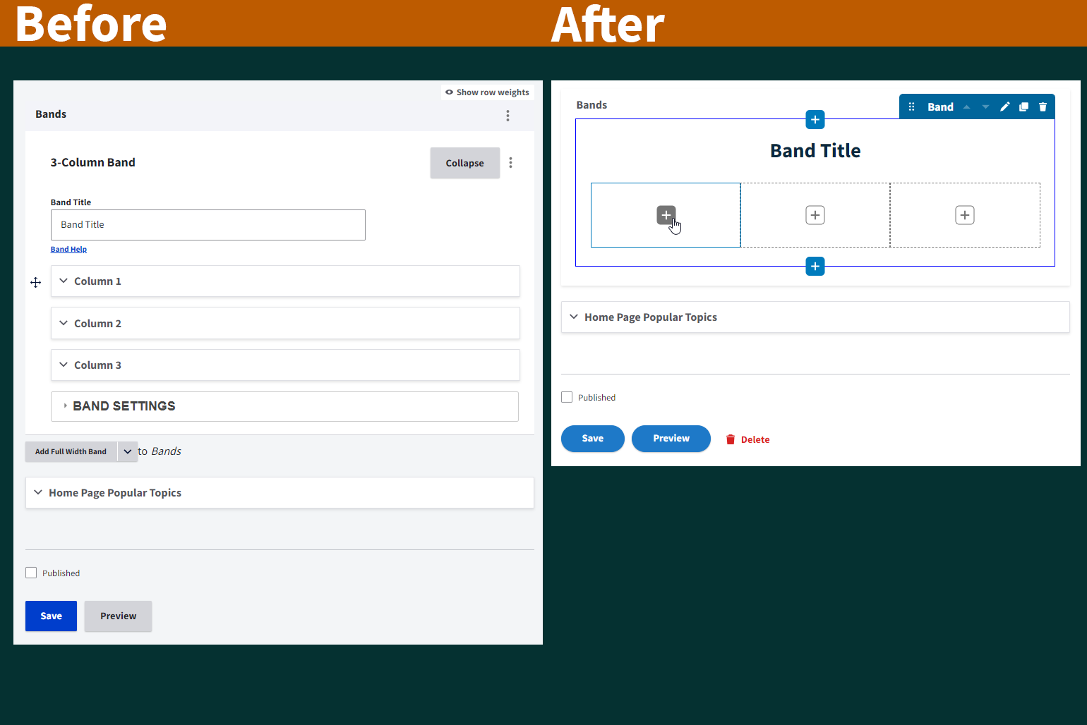 A side-by-side comparison of the screens for adding content into columns of a band before and after Landing Page enhancements. 