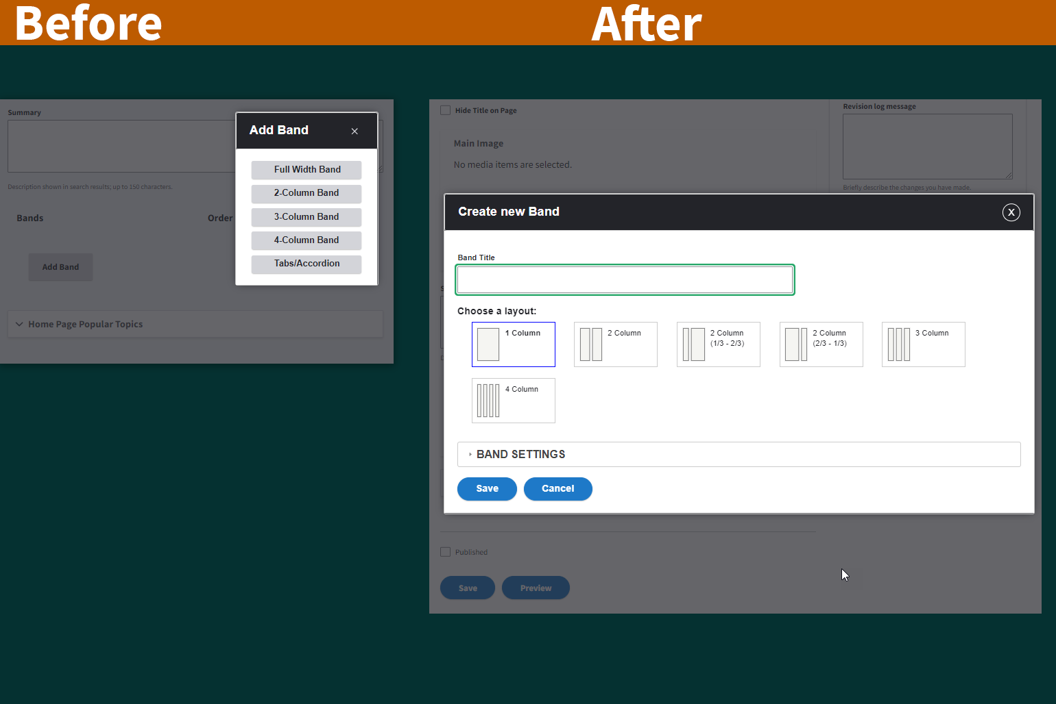 A side-by-side comparison of the screens for adding columns to a band before and after Landing Page enhancements.