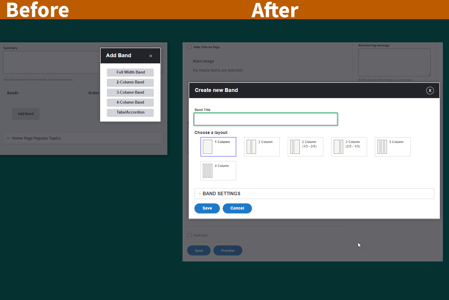 A side-by-side comparison of the screens for adding columns to a band before and after Landing Page enhancements. 