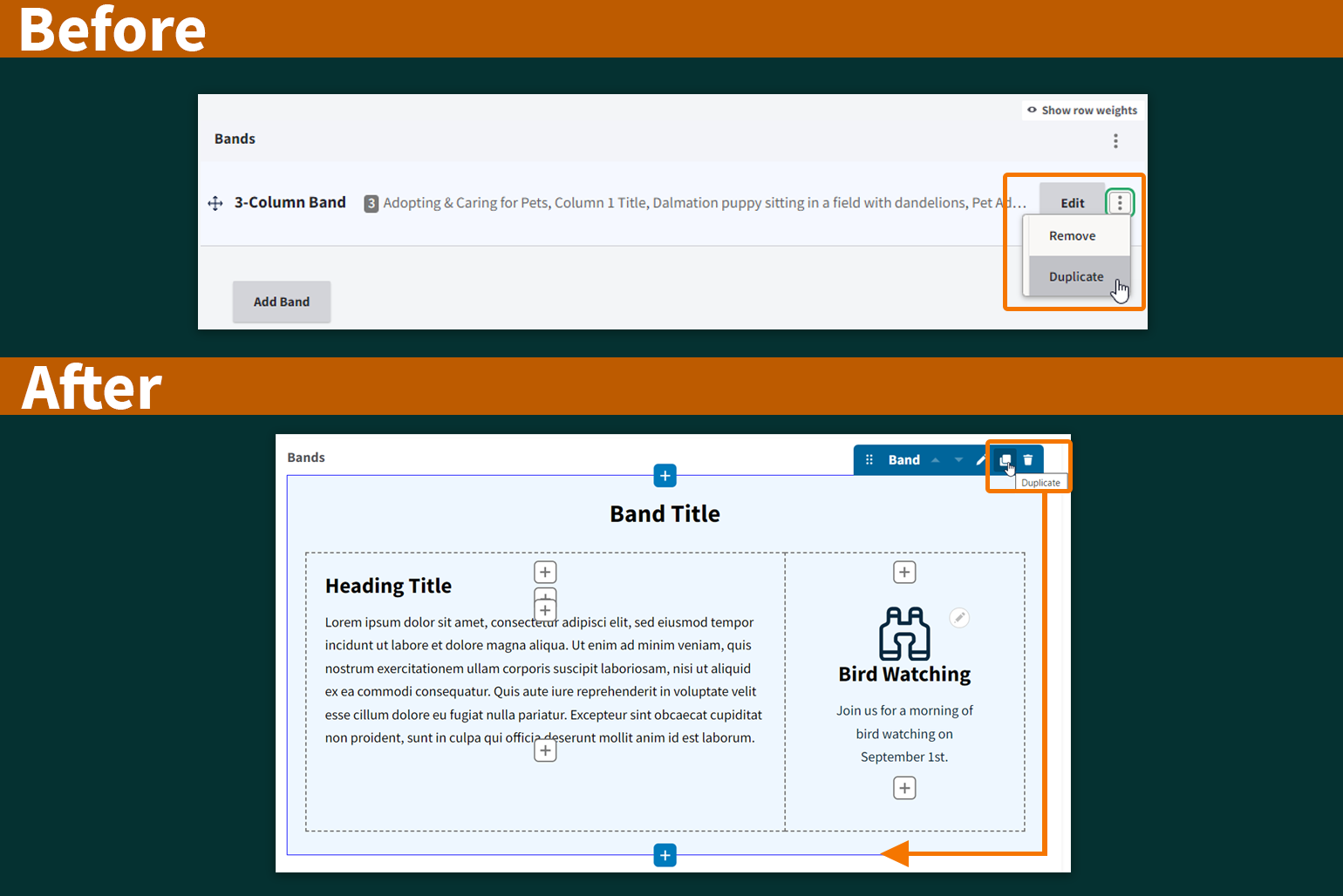 A comparison of how to duplicate a band on a landing page before and after Landing Page enhancements.