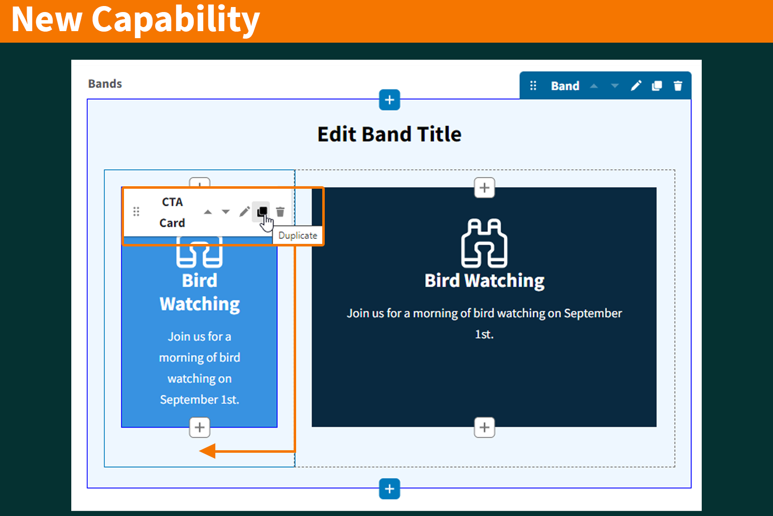 A screenshot of a new capability of Landing Pages. Content component items can now be duplicated and reused elsewhere on the same Landing Page.