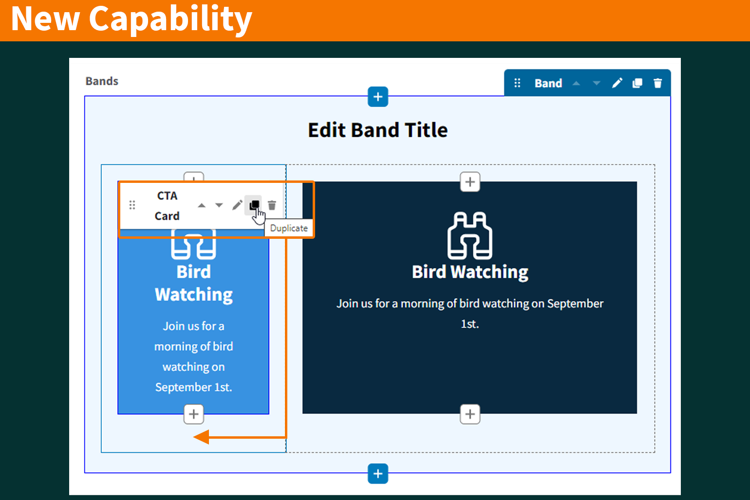 A screenshot of a new capability of Landing Pages. Content component items can now be duplicated and reused elsewhere on the same Landing Page. 