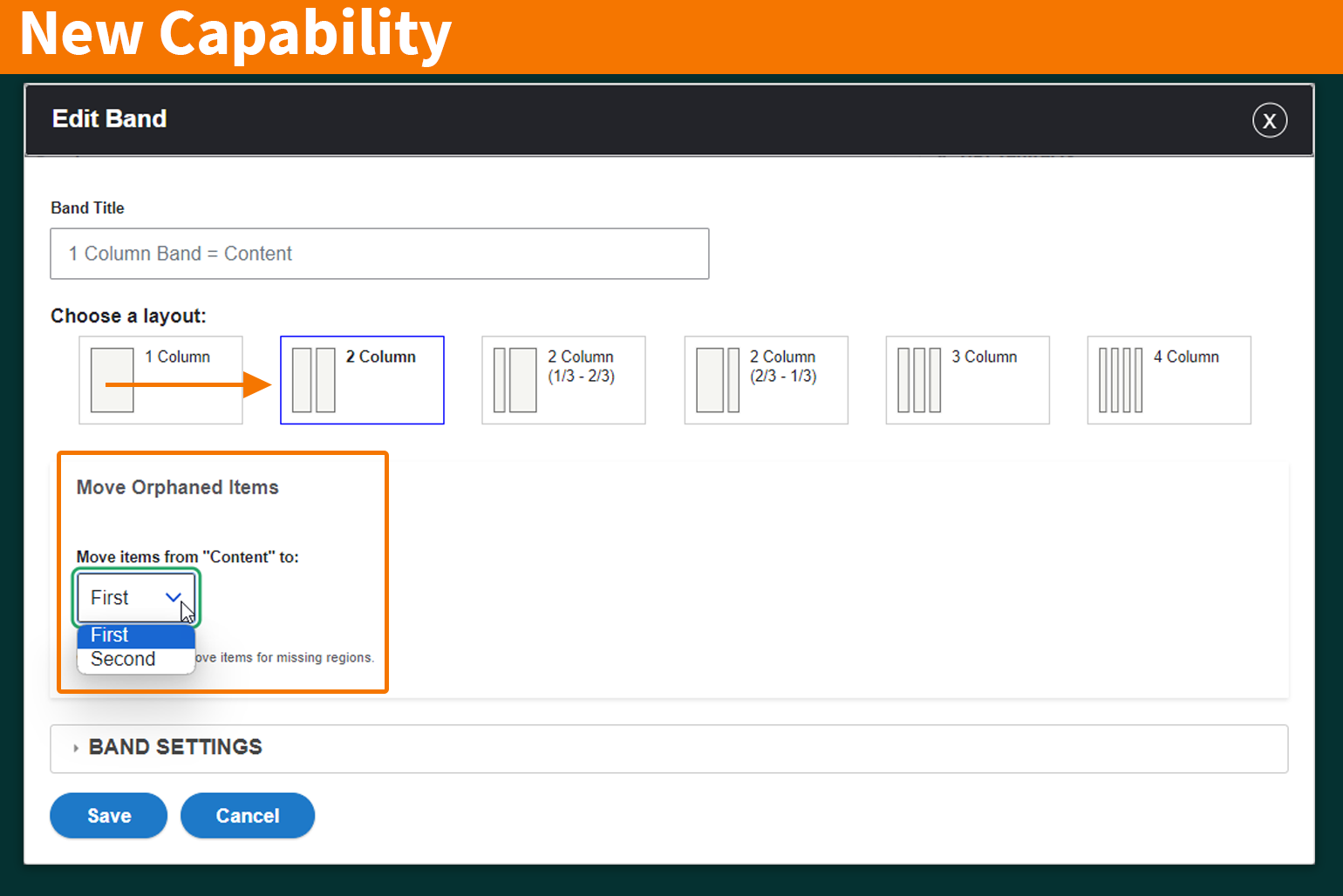A screenshot of Band settings being edited from a 1-column layout to a 2-column layout. The user is asked to assign a new column home for existing content.