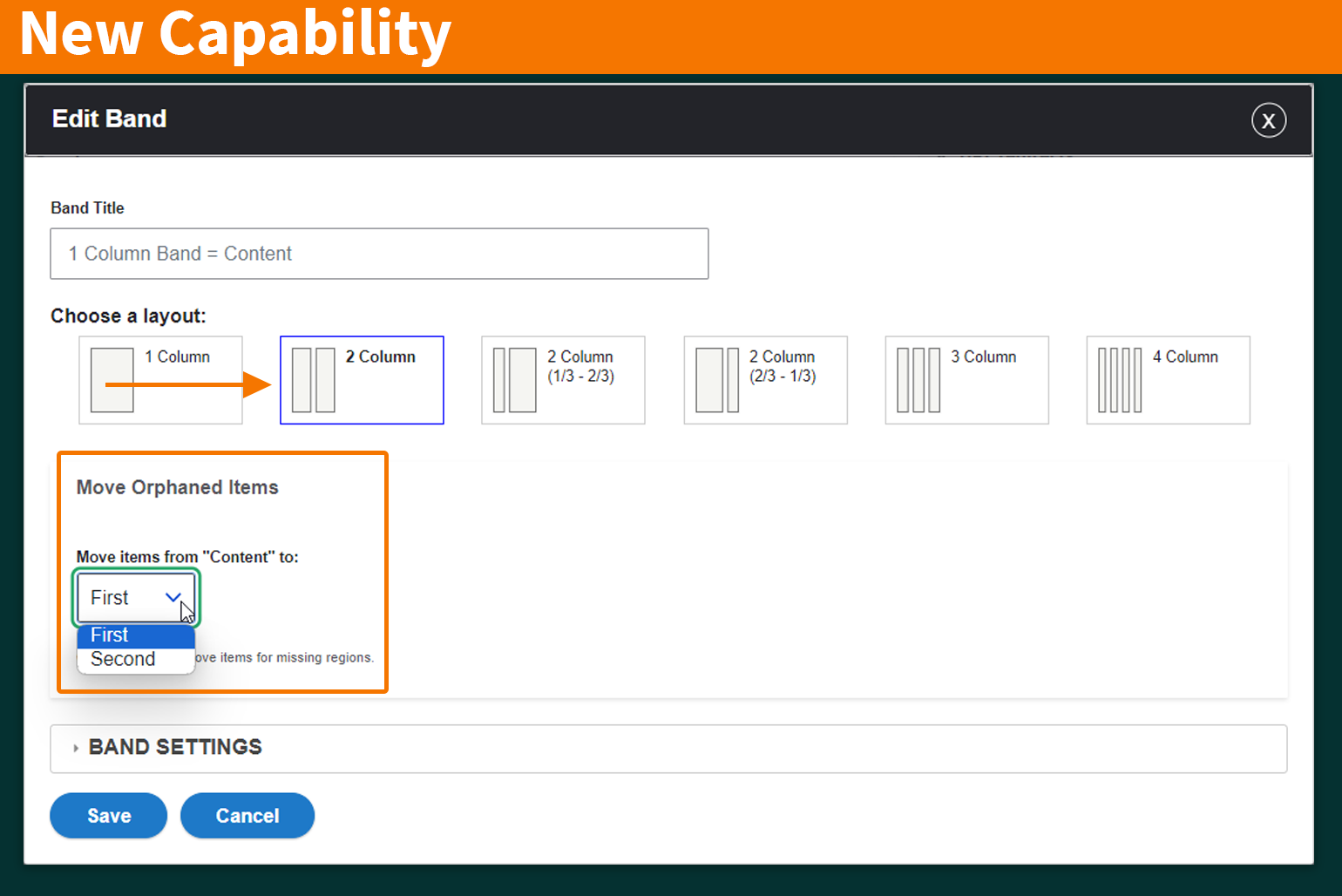 A screenshot of Band settings being edited from a 1-column layout to a 2-column layout. The user is asked to assign a new column home for existing content. 