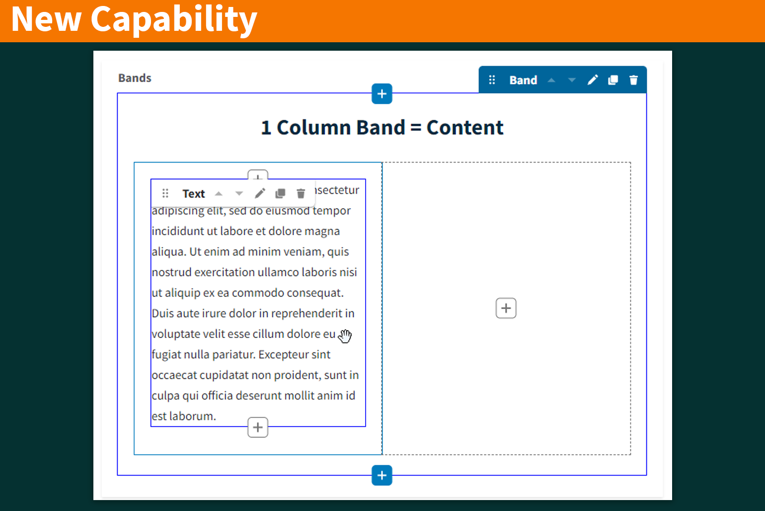 A screenshot of a 1-column band that has been converted to a 2-column band. The prexisting content now resides in the first column and the second column is empty.