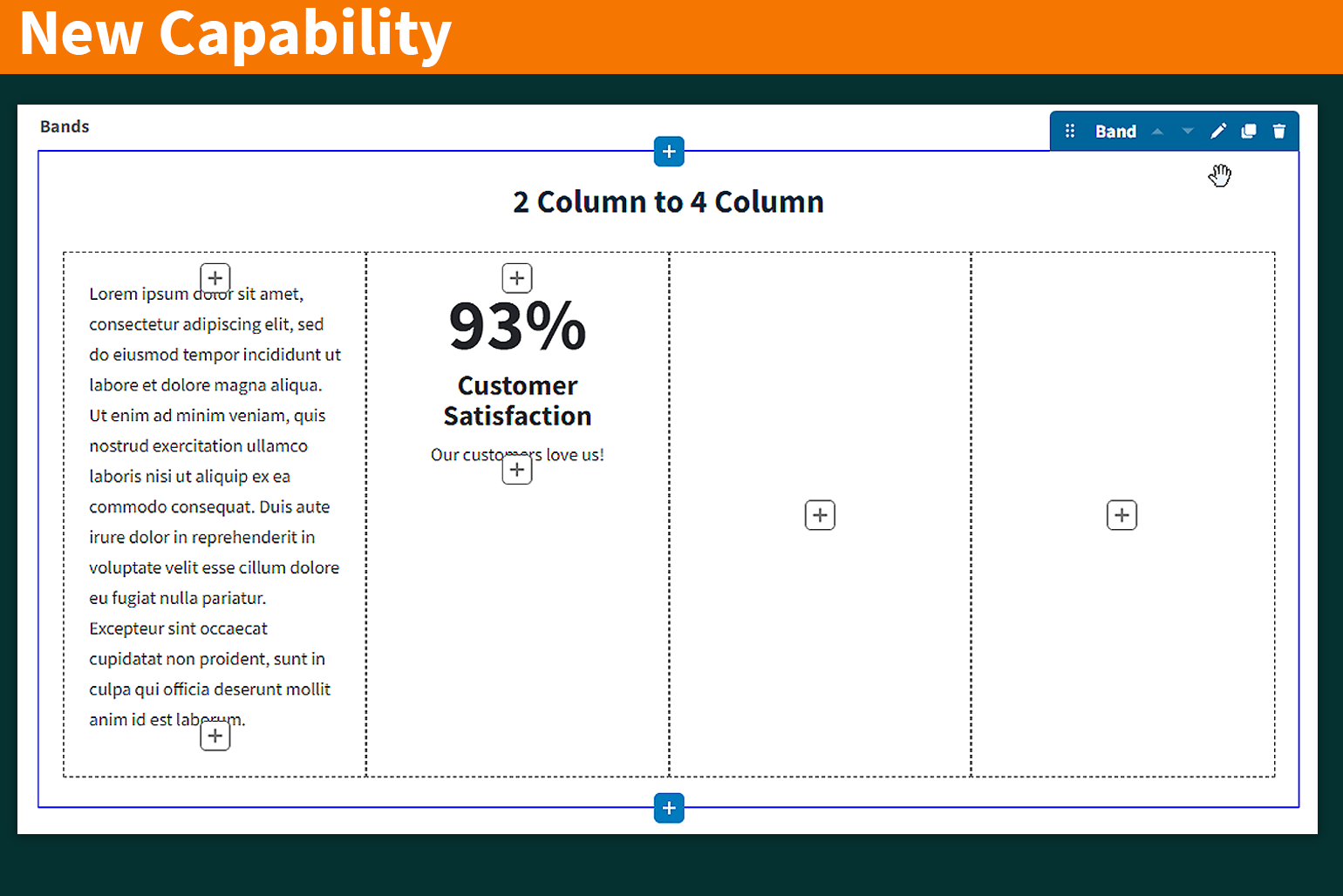 A 2-column band has been converted to a 4-column band with 2 empty columns inserted on the right.