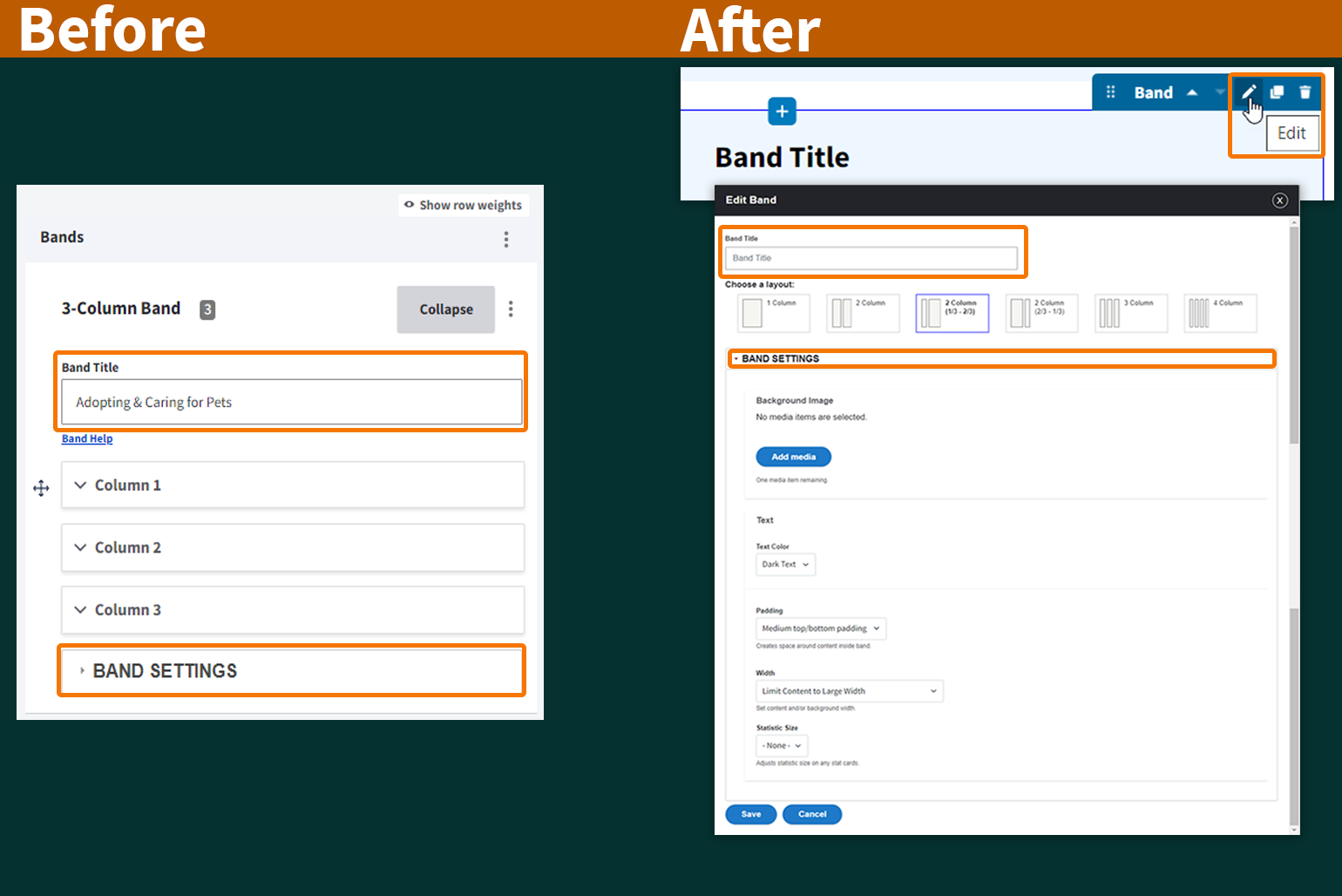 Screenshot comparisons of editing the Band Title and Band Settings before and after landing page enhancements to the user interface.