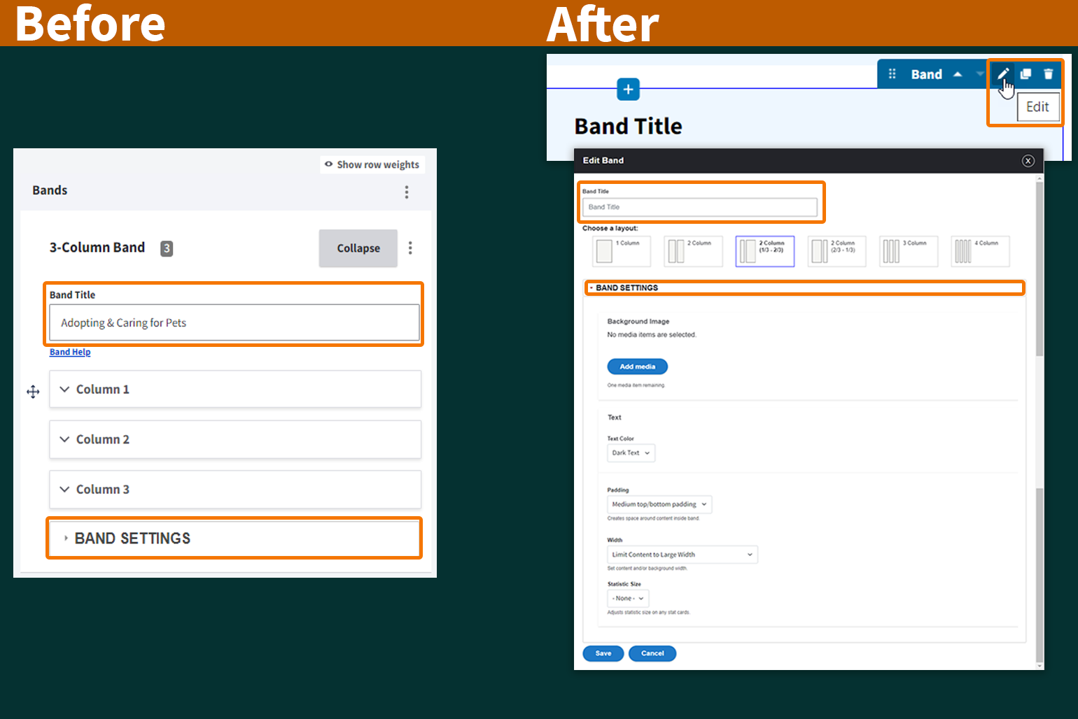 Screenshot comparisons of editing the Band Title and Band Settings before and after landing page enhancements to the user interface. 