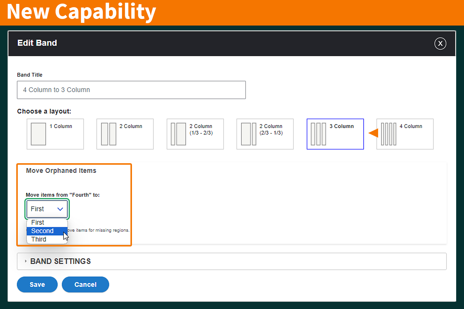 The Edit Band user interface is displays a band being edited from the 4-column layout to the 3-column layout. Orphaned content is set to send to the Second column.