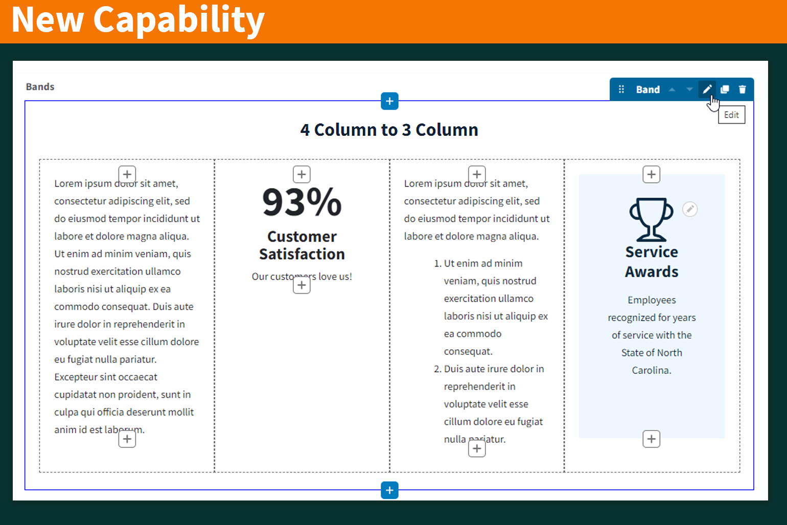 A screenshot of a user editing a 4-column band to remove one column.