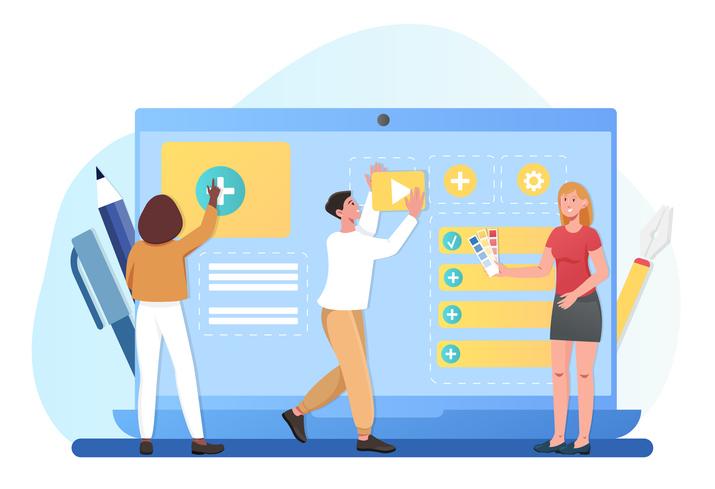 Three illustrated people place content on a laptop screen to evoke the concept of website design.
