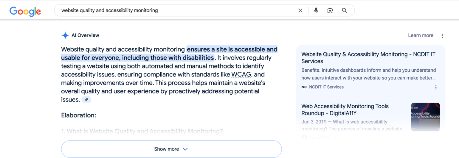 Example of search engine results on Google with an AI summary.