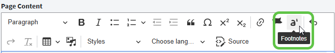 CKEditor toolbar with the Footnotes button outlined.