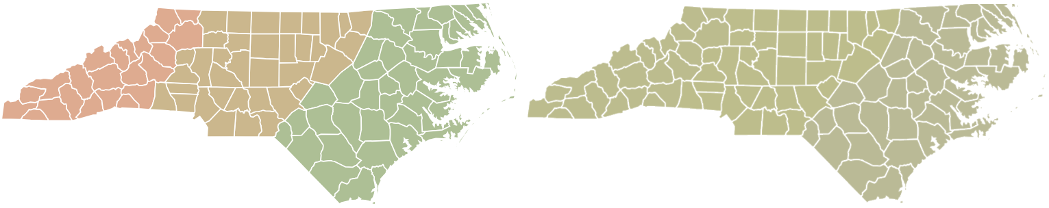 The color contrast on the map on the left is insufficient for a person with deuteranopia or red-green colorblindness, as shown on the right.