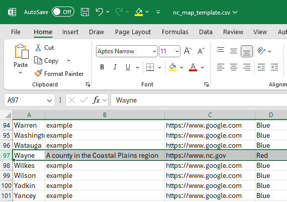 Details for Wayne County have been changed from the default values on the template.
