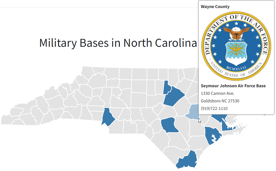 NC Map of Military Bases in North Carolina from the Military Veterans website
